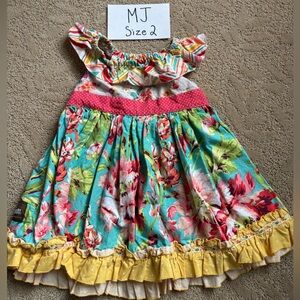 Matilda Jane Platinum Size 2 Girls Floral Ruffle Dress in Teal and Yellow